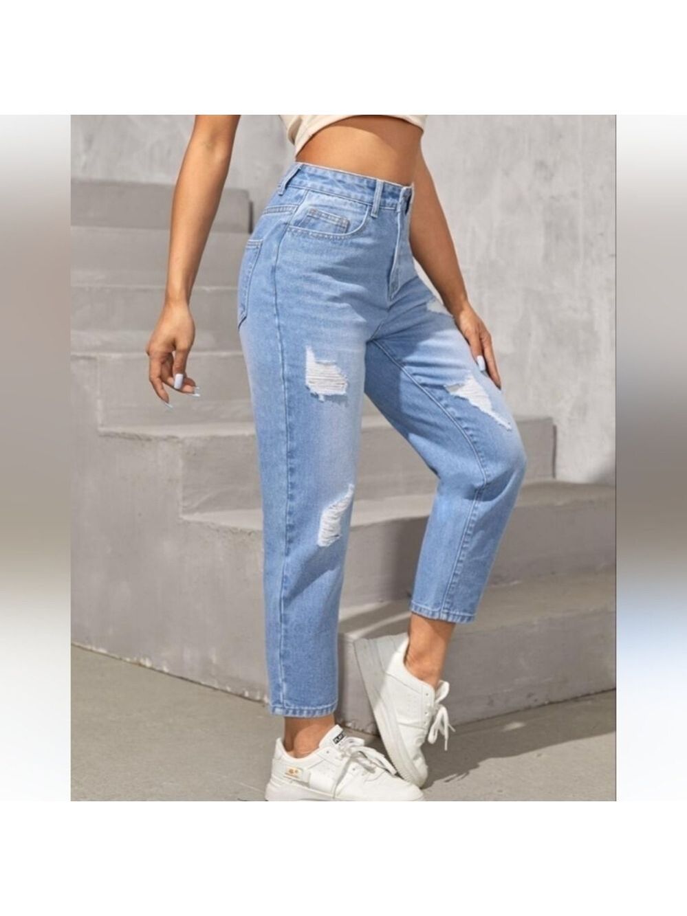 SHEIN High Waisted Distressed Ripped Lightwash Ankle Mom Jeans Size Small